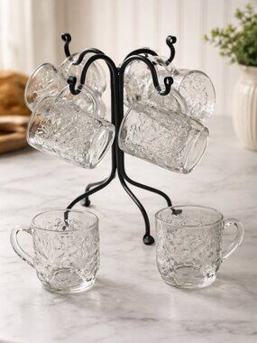 Set of 6 Princess House Fantasia Crystal Mugs with Stand - Like New!